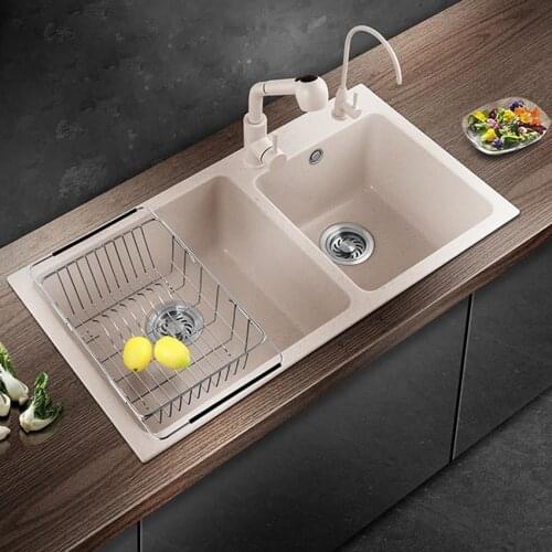 Multifunctional Household Thickening Kitchen Quartz Sink Dual Slot Matte Finish Round Corner Vegetable Washing Basin With Faucet