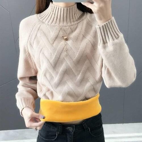 2020 New Winter Women Korean Loose Plus Velvet Knit Pullovers Sweater Female Turtleneck Thicken Fleece Bottom Knitwear Tops X51