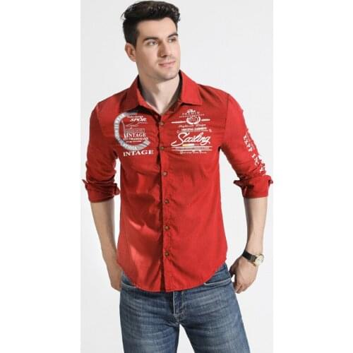 Autumn and winter new mens shirts letter printing long-sleeved slim casual mens shirts