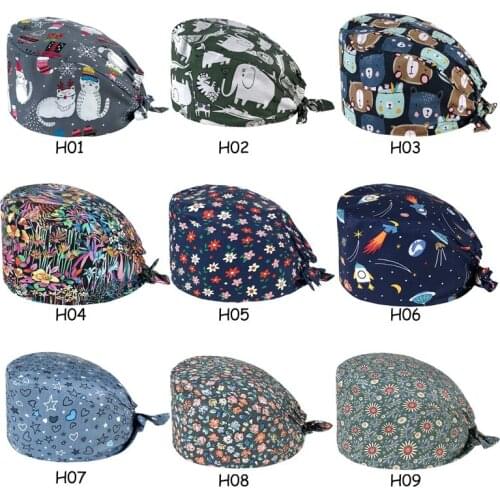 Printing Nurse Hats For Women Cotton Baotou Cap Buttons Surgical Hat Beauty Salon Pharmacy Lab Operating Room Pet Doctor Caps