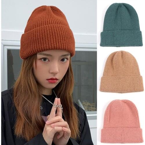 Thick Knitted Hat Women Winter Cap Beanie 2021 Autumn Warm Solid Earflap Bonnet Femme Black White Pink Skullies Beanies