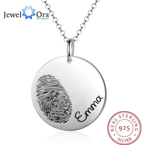 JewelOra 925 Sterling Silver Personalized Fingerprint Necklace with Engraved Name Customize Baby Handprint Pendant Memorial Gift