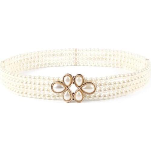 Fashion Women Pearl Belt Diamond Flower Waist Chain Dress Decorative Belt White Imitation Pearl Elastic Waistband 66cm