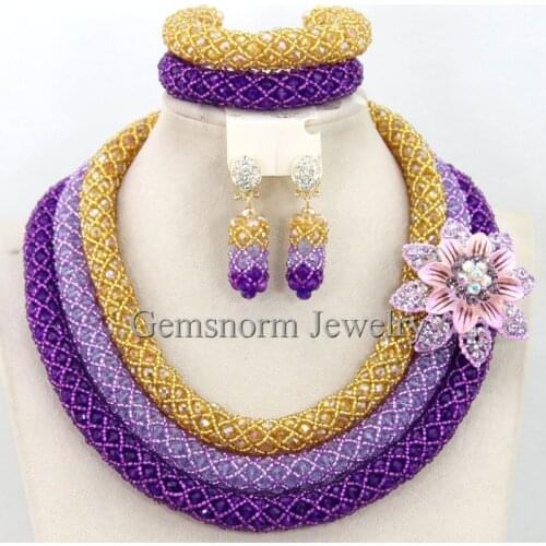 Lilac Purple Gold Wedding Statement Necklace Set African Indian Bridal Beads Jewelry Set New Free Shipping WB600