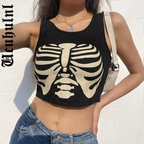Ucuhulnl Streetwear Punk Style Print Black Tank Top Bodycon Fashion Summer Crop Tops Female Gothci Dark Clothes Vest Aesthetic