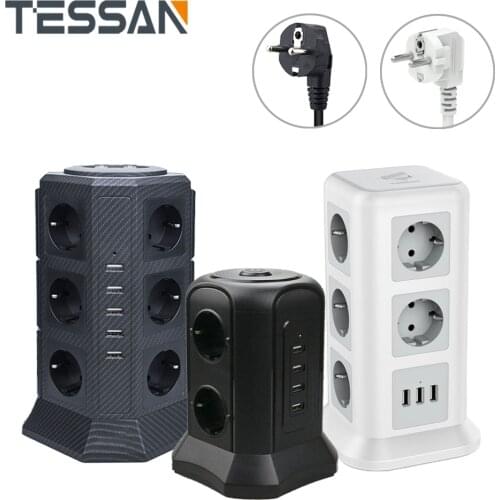 TESSAN Home Tower Power Strip with 6/11/12 AC Outlets and 3/4/5 USB Charging Ports 2M Extension Cord EU Socket Power Adapter
