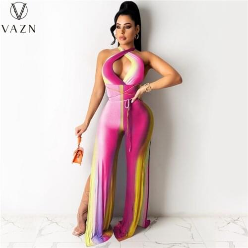 VAZN 2021 New Halter Jumpsuits Striped High-end Backless Lady Sexy Young Simple Sleeveless Women Slim Pencial Jumpsuits