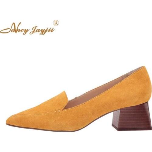 Yellow Boat Pumps Med Block Heels Pointed Toe Deep Wood Print Square Heels Spring Career Fashion Women Shoes 2019 NANCYJAYJII