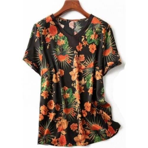 Women Summer 93% Silk Blouse O neck short sleeve office wear casual natural silk blouses floral print real silk shirt tops