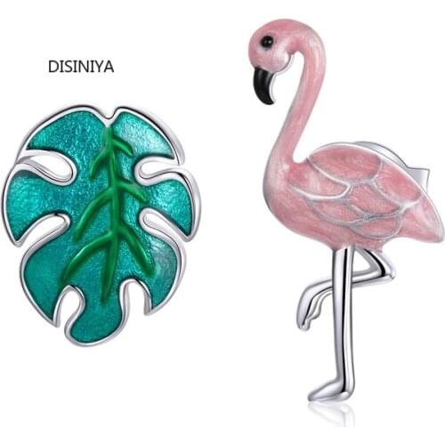 Interesting Earrings with Leaves and Flamingos 100% 925 Sterling Silver Left Right Asymmetric Girl Fashion Jewelry Earrings 1124