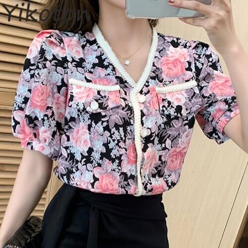 Woman Blouses And Shirts Rose Flower Printed 2021 Summer Fashion Short Sleeve V Neck Casual Loose Womens Clothing Plus Size