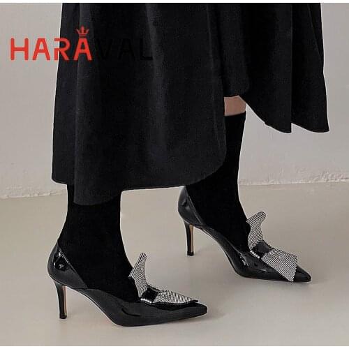 HARAVAL Women Ankle Boots Shoes High Heels Pointed Toe Modern Boots Shoes Adult Elegant Black White Elegant Solid Shoes E423L