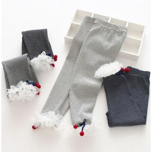 2 3 4 5 6 Years Girls Leggings Fashion Stripe Cherry Lace Stitching Skinny Pants Cotton Toddler Baby Pants Autumn Trousers 2019