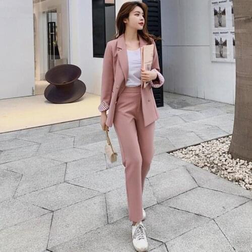 2021 Fashion Spring Summer Casual Pant Suits Women Striped Double Breasted Trousers Blazer Set Office Business Lady Uniform New