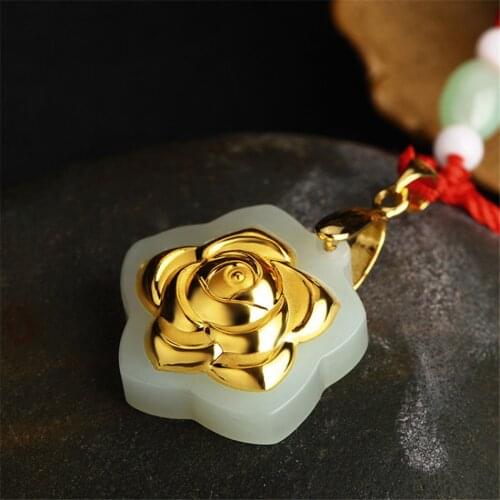 Jadery Wedding Jade Inlaid Gold Rose Flower Pendant Necklaces For Women Chain Long Necklace Fine Jewelry Valentines Day Gifts