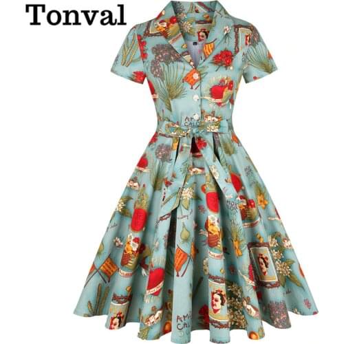 Tonval 1950s Style Cactus Print Vintage Button Up Cotton Rockabilly Dress Women Elegant Short Sleeve A-Line Retro Dresses