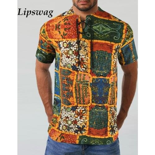 2021 Fashion Printed Cotton Linen T Shirt Mens Casual Short Sleeve Embroidery Tops Male Vintage Drawstring O-Neck Pullover Tee