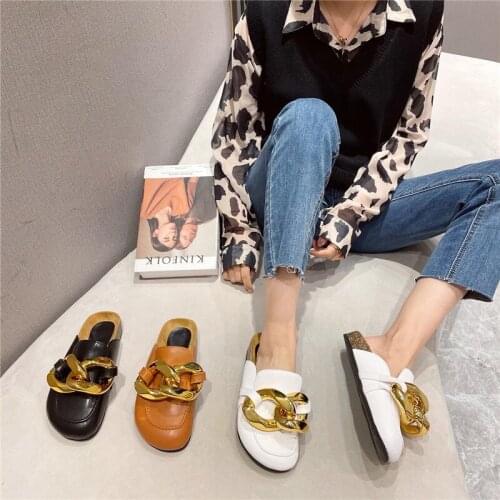 2021 fashion luxury golden chain style comfortable platform flat slippers design shoes loafers lazy shoes