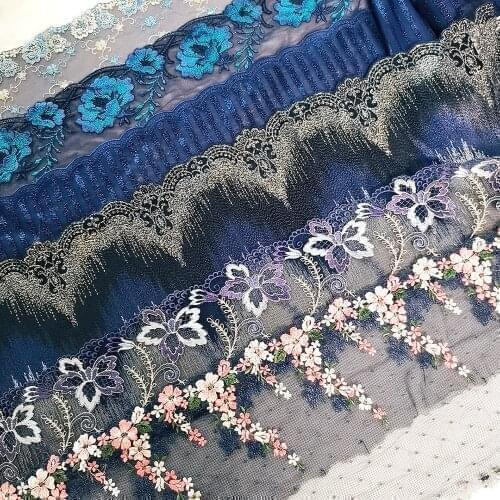 3 Yards Blue Mesh Embroidered Lace Trim Needlework Sewing Handmade DIY Doll Dress Clothing Material 242