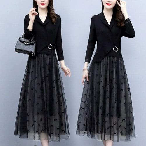 Noble And Elegant Temperament Dress Autumn Winter 2021 Plus Size Womens Slim Fit Mesh Stitching Knit Bottoming Long Dress M638