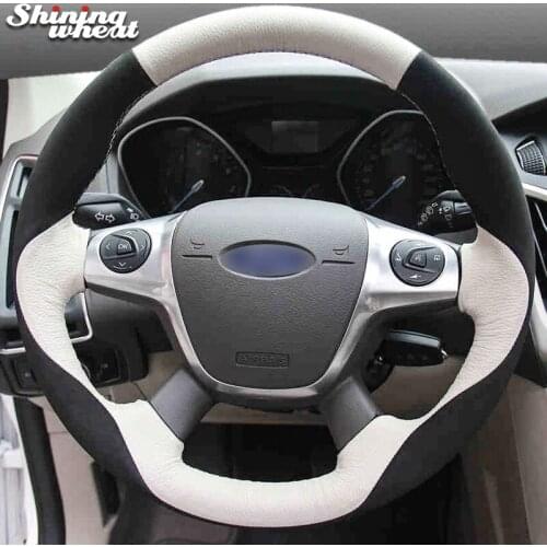 Shining wheat Black Suede White Leather Car Steering Wheel Cover for Ford Focus 3 2012-2014 KUGA Escape 2013-2016 C-MAX 2011-13