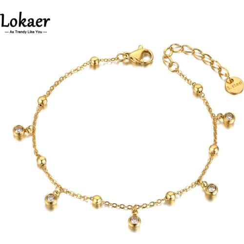 Lokaer Bohemia Titanium Stainless Steel Beads Chain Charm Bracelets For Women Girls Trendy 14K Gold CZ Crystal Jewelry B21090