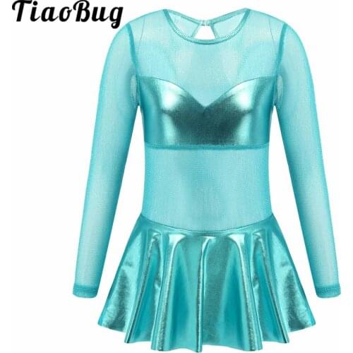 Kids Girls Long Sleeves Keyhole Back Tulle Splice Cutouts Back Figure Ice Skating Roller Skating Ballet Dance Leotard Dress