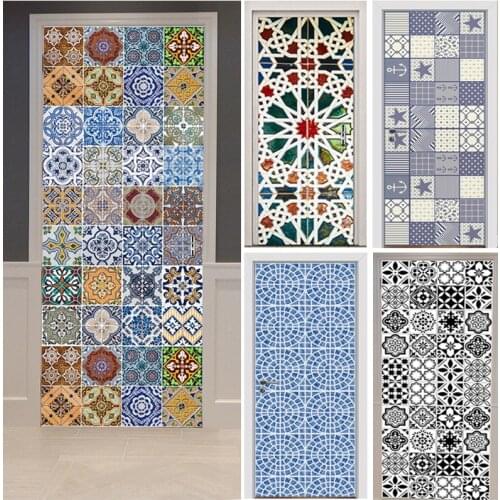 Door Stickers Color Black and White Tiles Kaleidoscope Mediterranean Style Mosaic Bedroom Wooden Door Home Decoration Paste