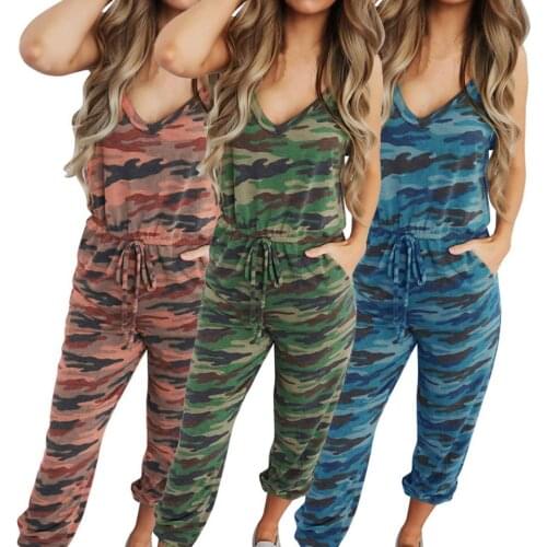 Elastic Waist Jumpsuit Sexy Camouflage Clothing Women Sleeveless Sexy V Neck Jumpsuit Open Back Korean Fashion Jumpsuit Hipster