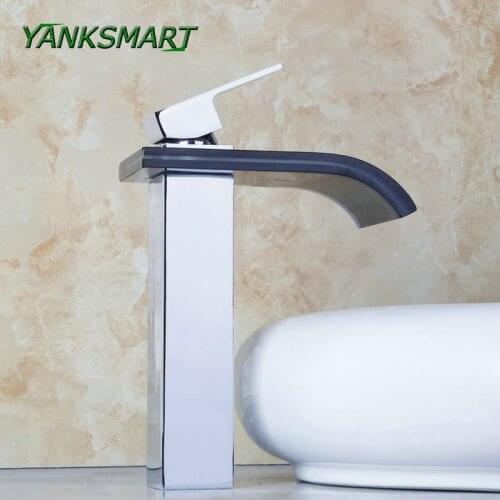 YANKSMART Waterfall Deck Mounted Bathroom Basin sink Tap Chrome W/ Black Glass Mixer Tap Single handle Faucet