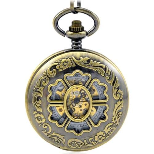 Brown Antique Steampunk Mechanical Hand Wind Pocket & Fob Watches Mens Watches Womens Pendant Watch Classical Carving Petal