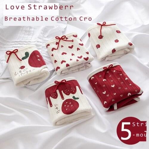 Student Cute Yellow Bear Lace Girly Panties Cute Cartoon Girly Ladies Strawberry Hearted Printed Underwear Mid-waist Panties