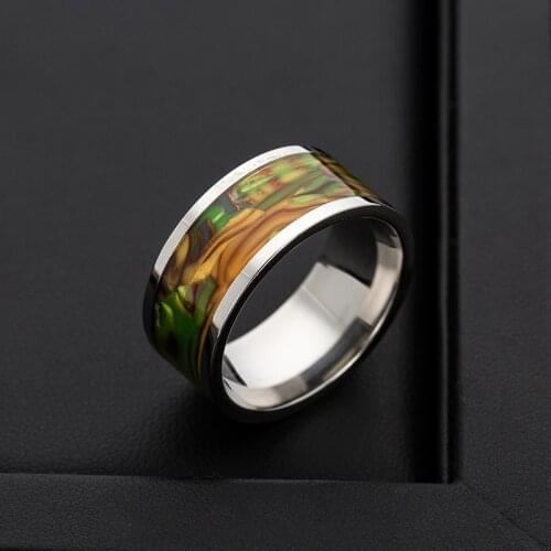 Fashion Mens Ring Anillos Anel 10mm Abalone Shell Ring Stainless Steel Jewelry Mens Wedding Ring Gift