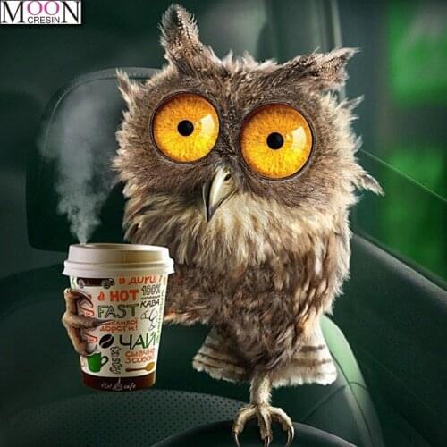 MOONCRESIN 5D DIY Full Embroidery Owl Drinking Coffee 3D Diamond Painting Cross Stitch Square Drill Mosaic Home Decor Needlework