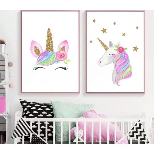 Cartoon Baby Nursery Wall Art Unicorn Rainbow Cloud Post Cartoon Animal Canvas Painting Girls Bedroom Decorative Picture