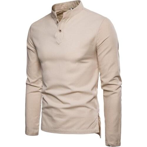 Autumn Fashion Men Long Sleeve Slim Fit T-shirt Retro Solid Color Stand Collar Cotton Linen Tshirt Male Simple T-shirt