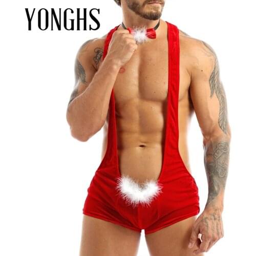 Mens Christmas Lingerie Sexy Bodysuit Sex Cosplay Costume Racer Back Leotard Bodysuit Wrestling Singlet Underwear with Bowtie