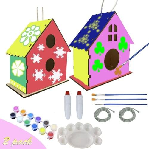 2PCS DIY Bird House Kit Painting Puzzle Bird House Art Craft Wood Toys For Children