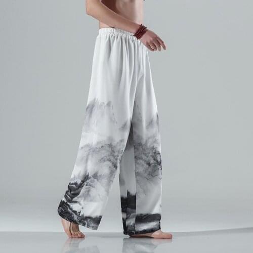 2021 Summer New MenS Chinese Style Printing Landscape Painting Casual Wide Leg Pants Streetwear Loose Kimonos Trousers 30694