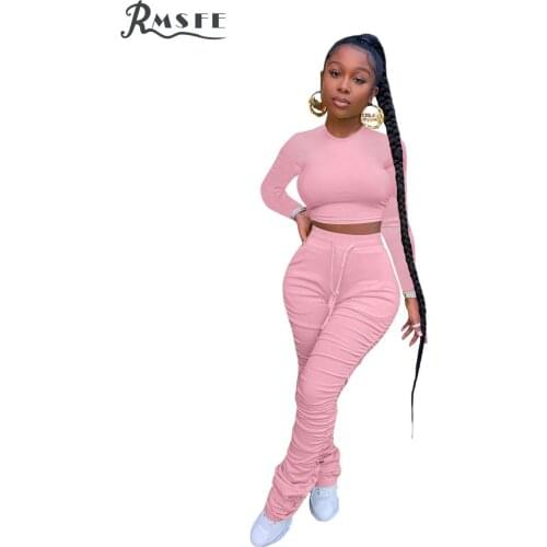 RMSFE 2020 Skinny Jogger Solid Two Piece Set O-neck Loose 2 Piece Set Women Full Sleeve Top And Pant Summer Sets