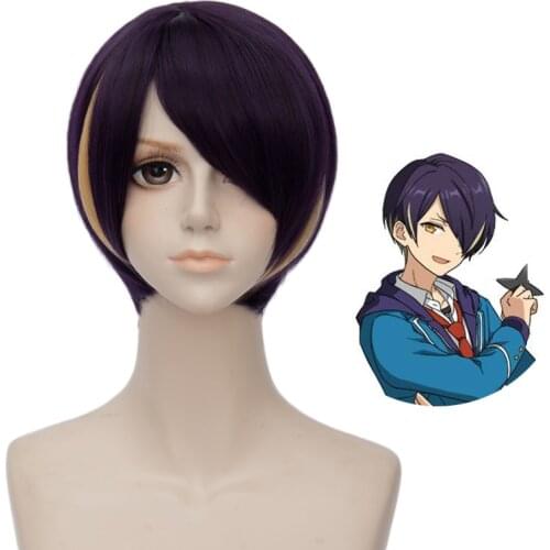 Ensemble Stars Shinobu Sengoku Cosplay Wig Short Straight Anime Wig Unisex Heat Resistant Synthetic Hair Wig Purple Yellow Mixed