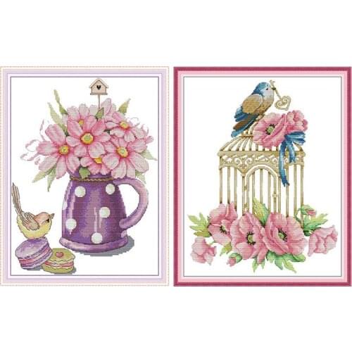 Birdcage&Flowers Animal Cross Stitch Counted 14CT Printed Canvas Flowers Pattern Embroidery Needlework Set DMC Threads Crafts