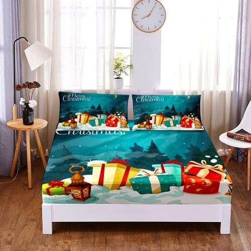 ChristmasPresent Digital Printed 3pc Polyester Fitted Sheet Mattress Cover Four Corners with Elastic Band Bed Sheet Pillowcases