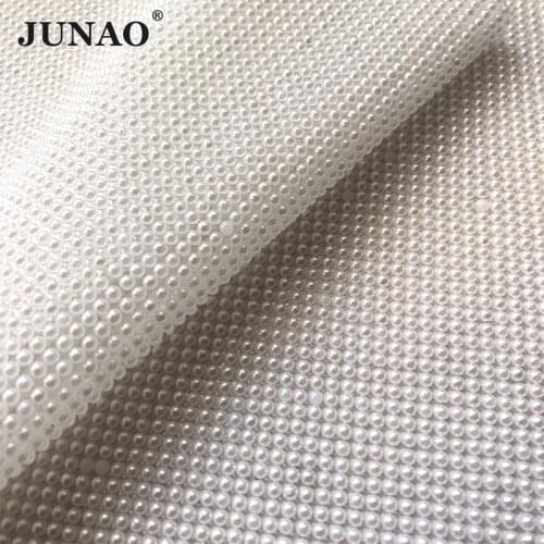 JUNAO 24*40cm 3mm Self Adhesive White Pearl Beads Rhinestone Mesh Trim Pearl Applique Crystal Fabric Strass Ribbon for Crafts