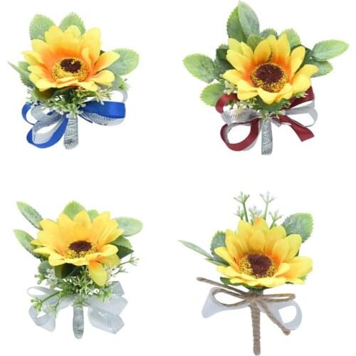 Handcrafted Groom Bride Wedding Boutonniere Artificial Sunflower Brooch Corsage