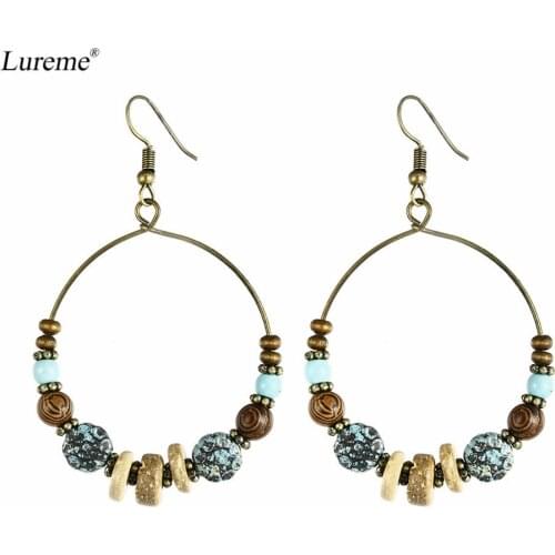 Lureme Vintage Metal Round Hoop with Wooden Beads Dangle Earrings for Women and Girls (er005780)