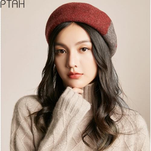 [PTAH] Women Girls Beret French Artist Warm 100% Wool Winter Beanie Hats Vintage Plain Beret Hats Plaid Elegant Lady Winter Caps