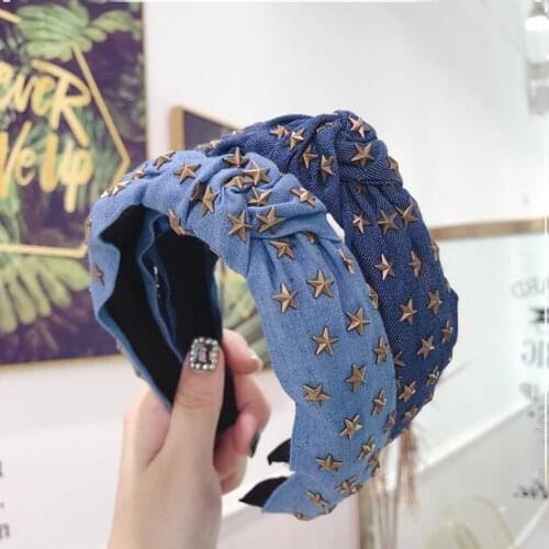 2019 New Fashion Star Headband Women Blue Denim Hairband Adult Center Knot Casual Turban Girls Hair Accessories Wholesale