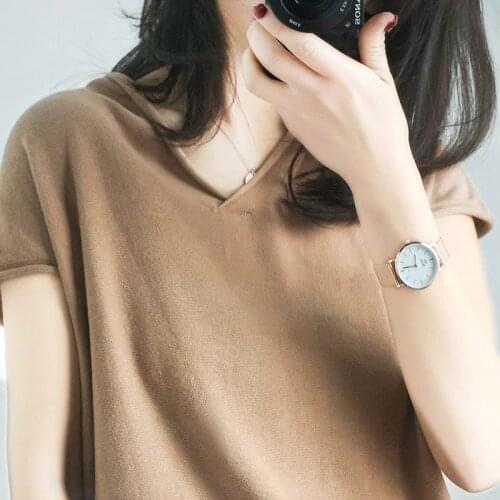 Spring and Summer 100% Cotton knit Short-Sleeved Female Loose V-neck Pullover Europe and The United States Popular