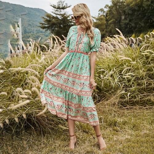 2021 Green Summer Bohemian Women Long Print Dress Short Sleeve Swing Female Chic Floral Midi Female Party Dresses Vestidos Boho